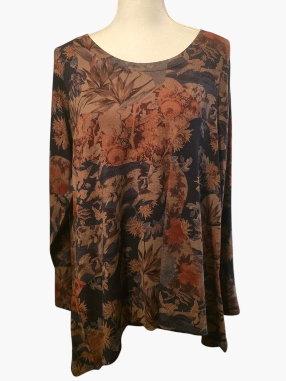 Soft Surroundings Brown & Blue Floral Long Sleeve Polyester Knit Top ~ Size 1X